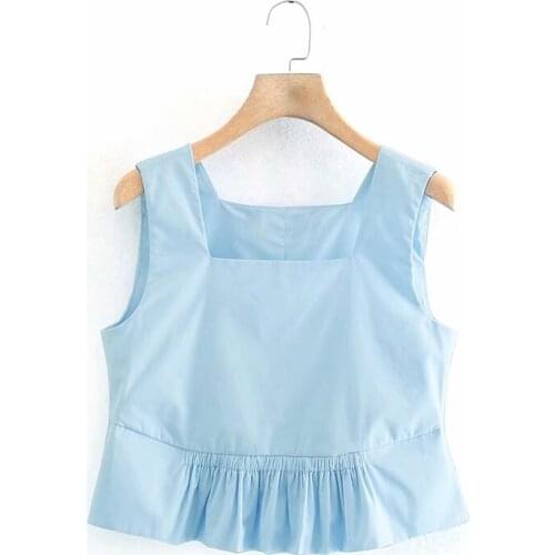 Women Za Fashion 2021 Light Blue Poplin Sleeveless Short Sexy Shirt Sweet Square Collar Ladies Tshirt Mujer Tops