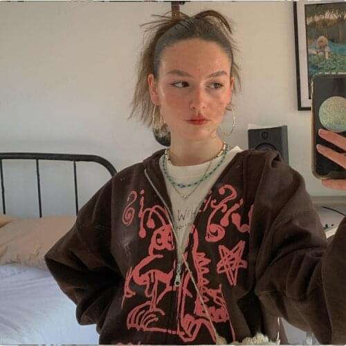 Zip-up Women Gothic Hoodies Vintage Solid Brown Long Sleeve Sweatshirt Y2K Lady Women Casual Large Jacket 2021 Oversized Hooded