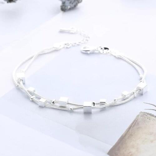 925 Sterling Silver Square Fresh Temperament Drawing Multi-Layer Female Simple Trendy Wild Korea Resizable Bracelets SBR053