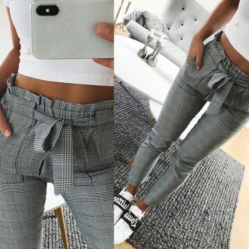 Ladies Vintage Scottish Plaid Long Casual Strap Ruffled Pencil Pants Spandex Pants Casual Pencil Pants Plaid Pleated High Waist