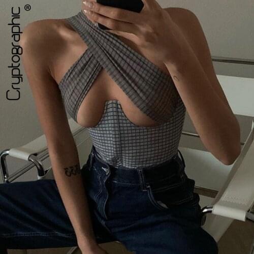 Cryptographic Fashion Plaid Cross Halter Sexy Cut-Out Crop Tops Women Sexy Backless Cropped Feminino Top Summer 2021 Streetwear