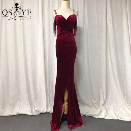 Burgundy Velvet Evening Dress 2021 Beadings Mermaid Party Dress Split Sexy Neck Evening Side Sleeves Shoulder Straps Formal Gown
