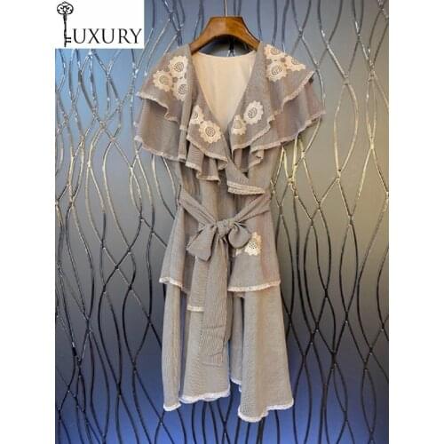 New Top 2020 Quality Summer Beach Women V-Neck Lurex Embroidery Ruffle Sexy Striped White Belt Dress Above Knee