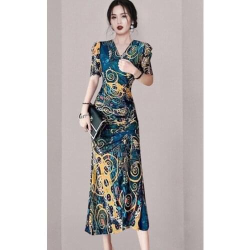 Vintage V-Neck Printed Drawstring Midi Dress Women Elegant High Waist Bodyco Sexy Split Party Dress Vestidos 2021 Fashion Summer