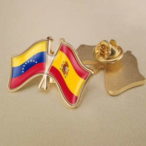 Venezuela and Spain Crossed Double Friendship Flags Lapel Pins Brooch Badges
