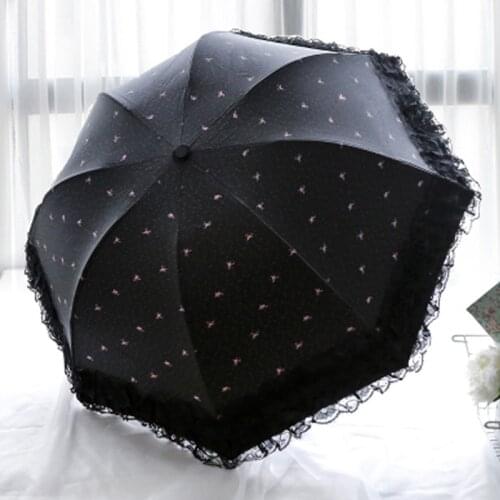 Black Lace 3 Foldable Anti-UV Sun Umbrellas Compact Women Lady Female Parasol Princess Sunshade Rain Umbrella UV Protection