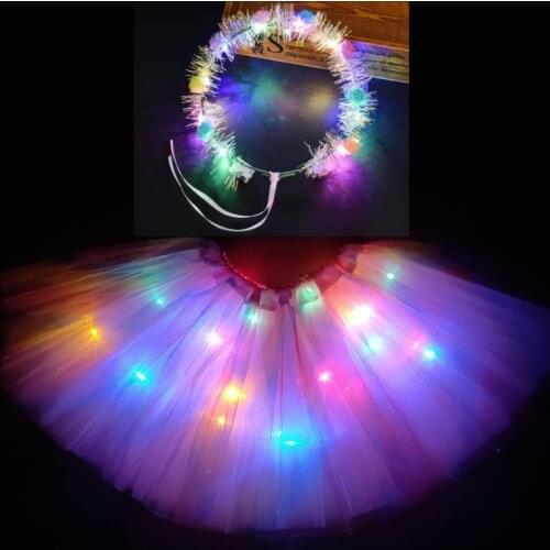 2021 New Mesh Ribbon Light-emitting LED Childrens Skirt Stage Dance Performance Festival Party Headband Wreath Color Lamp
