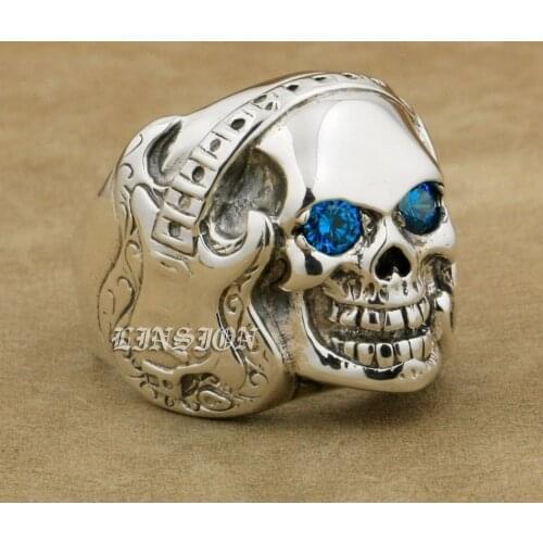 925 Sterling Silver Guitar Music Skull Blue CZ Eyes Mens Biker Rocker Punk Ring 8V113 US Size 7 to 15