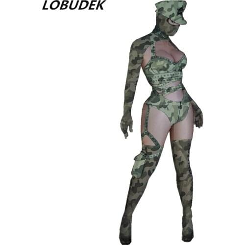 Bar Nightclub Camouflage Military Uniform Men Women DS Team Performance Costume Sexy DJ Singer Bandage Bikini Outfit Stage Wear