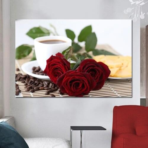 Large Size Coffee Cup And Romantic Red Rose Flowers Kitchen Decor Pictures Modern Wall Posters For Home Decor Canvas Paintings