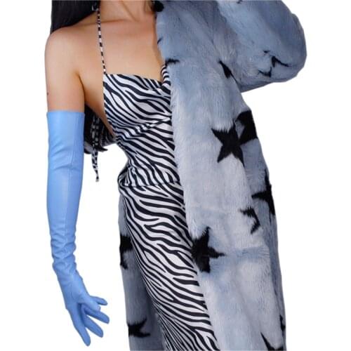 Extra Long Leather Gloves 60cm Lengthen Simulation Leather Sheepskin Light Blue Sky Blue Women Gloves Export Quality WPU144