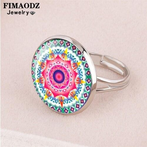 FIMAODZ Charm Mandala Rings For Women Henna Yoga Om Symbol Zen Buddhism Glass Cabochon Adjustable Ring Flower Jewelry