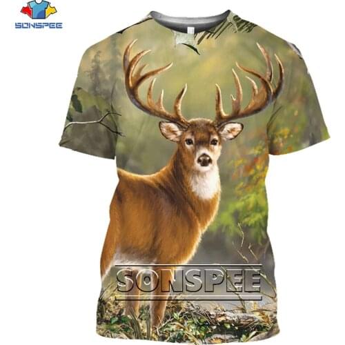 SONSPEE 3D Hunting Deer Print T-shirt Camouflage Wild Animal Elk Sika Deer Casual Trend Short-sleeved Oversized Men’s Street Top