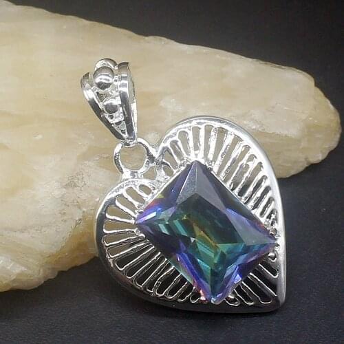 Gemstonefactory Jewelry Big Promotion 925 Silver Rectangle Fire Mystical Topaz Women Ladies Mom Gifts Necklace Pendant 20213830