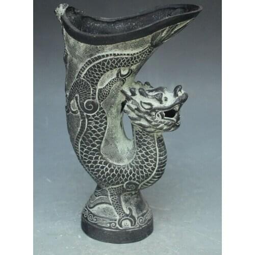 Exquisite Interesting Chinese Bronze Archaistic Auspicious Dragon Statue Ornament Wine Cup