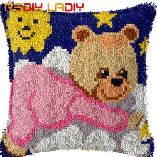 Latch Hook Cushion Pink Teddy Bear Pre-Printed Canvas Cushion Cover Acrylic Yarn Crochet Pillow Case Hobby & Crafts Home Decor