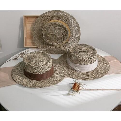 Fashion Summer Women Wide Brim Seagrass Straw Hat Handmade Lady Sun Hats with Colorful Ribbon Flat Top Boater Panama Beach Cap
