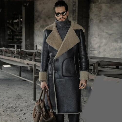 Mens Fur Parka Luxury X-Long Military Style Mens Shearling Coat Sheepskin Jacket Large Lapel