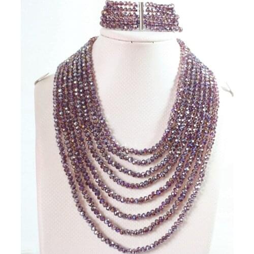 Popular purple AB crystal glass 4x6mm fashion beads 8 rows chain necklace 5 rows bracelet jewelry set B851