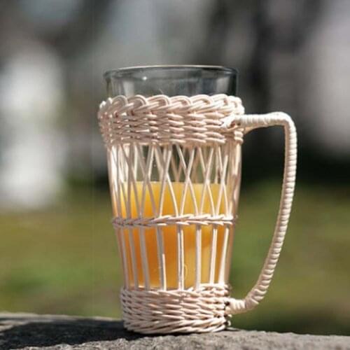 Natural Indonesian Rattan Cane Cup Sets Pure Handmade Weaving Home Heat Insulation Anti-Scalding Bottle Cover With Handle