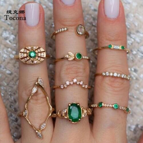 Tocona 9pcs/sets Bohemia Luxurious Green Crystal Stone Finger Rings Sets Hollow Geometric Jewelry for Women Men Wedding 7120