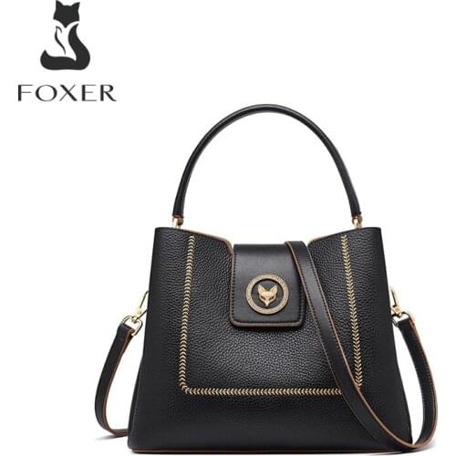 FOXER Genuine Leather Casual Bucket Shoulder Bad for Women Travel Large Capacity Lady Handbag Crossbody Bag Female Fashion Purse