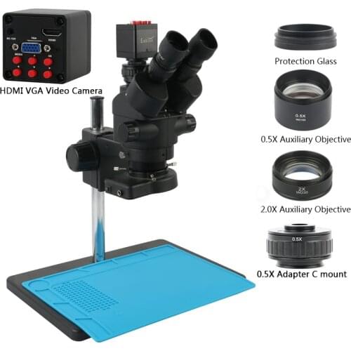 Industrial 3.5X 7X 45X 90X Simul-focal Trinocular Stereo Microscope 1080P HDMI VGA Video Camera For Phone PCB Soldering Repair