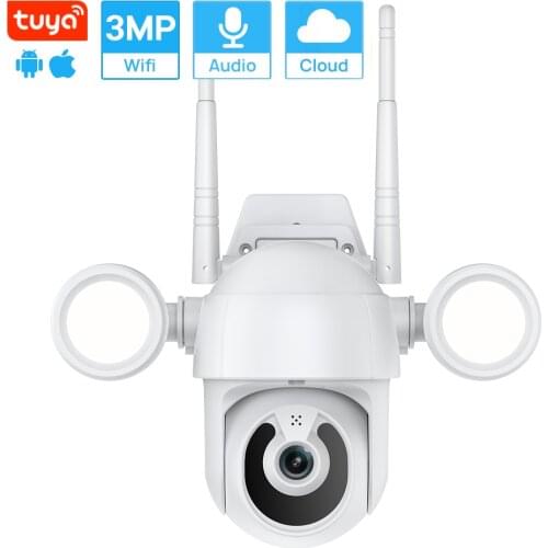 3MP Tuya Floodlight Wifi Camera Waterproof Outdoor PTZ Camera Auto Tracking Human Detection Colorful Nightvision Tuya Smart Life