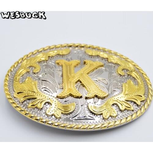 WesBuck Brand Oval 3D Lace Gold K Initial Letter Cowboy Belt Buckle With Metal Fashion Women Mens PU Leather Belt Holiday Gifts