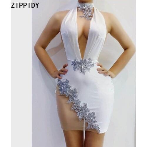 Silver Rhinestone Halter White Short Dress Women Dancer Deep V-collar Outfit Prom Birthday Hip Wrapped Bodycon Dress