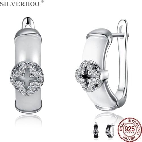SILVERHOO 925 Sterling Silver Flower Shape Hollow Cross Stud Earrings For Women Bright 5A Cubic Zirconia Earring Jewelry Gift