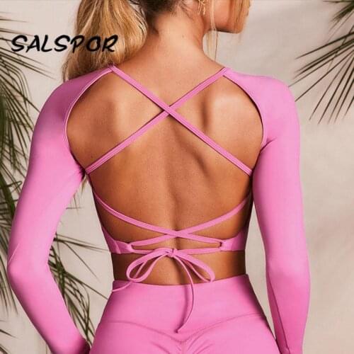 SALSPOR Long Sleeve Sport T-Shirts Women Fitness Navel Exposed Sexy Gym Crop Tops Training Female Tracksuit Cross Back