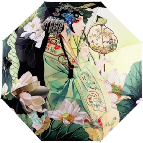 Three Folding Art Painting Paraguas Women Parosals Waterproof Umbrellas Chinese Ttraditonal Gril lIllustration Sunny Umbrella