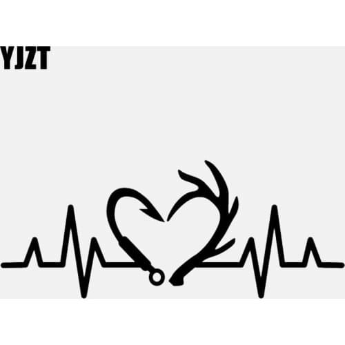 YJZT 16.4CM*6.6CM Hunting Fishing Hook Deer Heartbeat Vinyl Black/Silver Car Sticker C22-1278