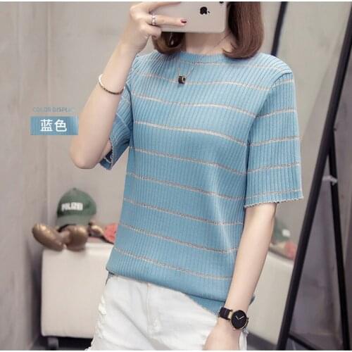 LDKVGSU Summer New O Neck Pullover Knit Short Sleeve Women T-shirts 2021 Fashion Stripe Slim T-shirt Tops Harajuku Short Tees200