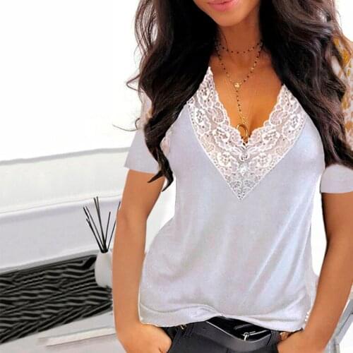 Women T-Shirts Lace Splicing V-Neck Short Sleeve T-Shirt Tops Solid Color All-match Summer Tee Shirt for Womens T-Shirty Damskie