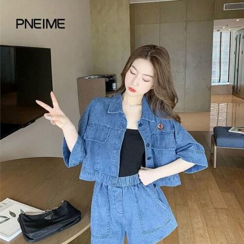 Summer New Womens Fashion Two-piece Suit All-match Denim Short Jacket Casual Shorts Suit Loose Wild Wide-leg Shorts Suit