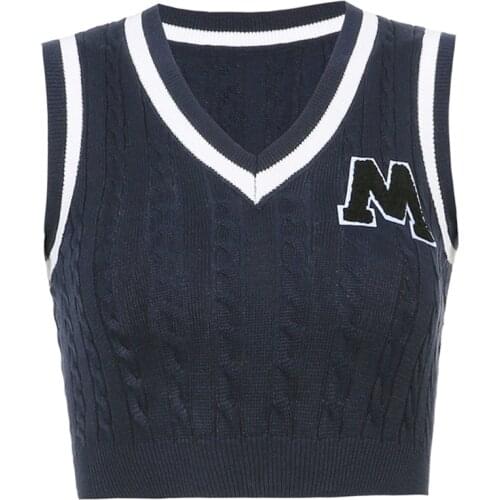 Q1QA Women Summer Sexy V-Neck Knitted Vest Harajuku Contrast Color M Letter Slim Sleeveless Sweater Cable Knitwear Crop Top