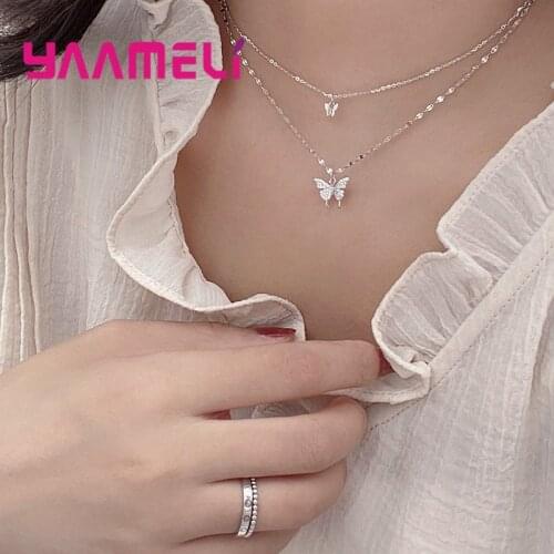 100% Real 925 Sterling Silver Double Layer Women Neckalce Brilliant Crystal Butterfly Choker Collar Wedding Engagement Jewelry
