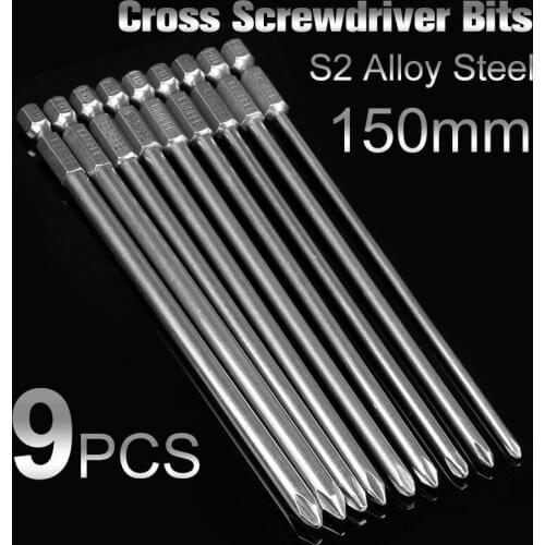 HOEN 9pcs/set 150mm Long Magnetic Long Hex Cross Head Screwdriver Bits Electric Screwdriver Set Shank 1/4 Inch S2 Alloy Steel