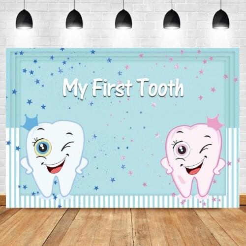 Laeacco My First Tooth Blue Prince Princess Stars Party Poster Banner Baby Photography Backdrop Photography Background Photocall