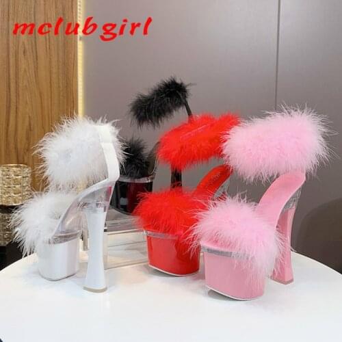 Mclubgirl Summer Sexy Nightclub Plush Womens Shoes Transparent Super High Heel Waterproof Platform Banquet Women Sandals LFD