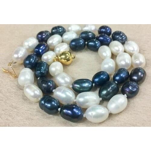 NATURAL 9-10MM TAHITIAN RICE BLACK PEARL+ White Pearl NECKLACE 18"