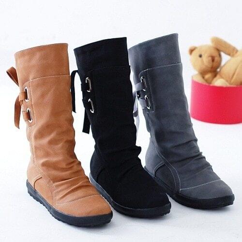 2019 Newest Winter Boots New Women Fashion Boots Autumn Shoes with Lace-up Mid-Calf Solid Flat Heels PU Boots Mujer Snow Boots