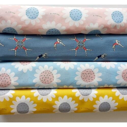 Blue sunflowers letter pattern vintage fabric Retro style fabric Calico Printed cotton fabric for DIY Bag cloth dress 1meter