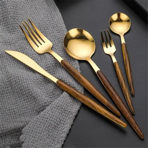 Gold/Silver Color Dinnerware Stainless Steel Wooden Handle Dinnerware Knife Fork Spoon Teaspoon Cutlery Set Kitchen Tableware