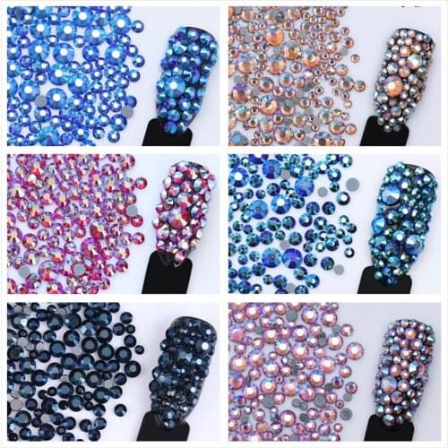400pcs Champagne Nail Art Rhinestones Crystal Gradient Nails Multi-size Flat Bottom Beads Manicure 3D Nail Art Decoration Charms