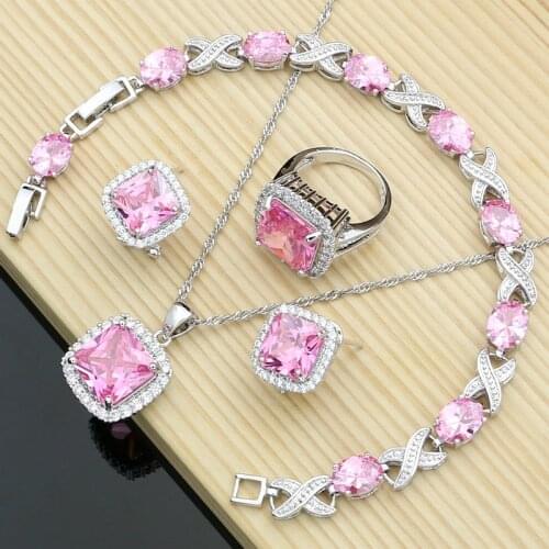 Women 925 Sterlig Silver Jewelry Sets Princess Pink CZ Stone Hoop Earrings Rings Fashion Accessories Necklace Kit Dropshipping
