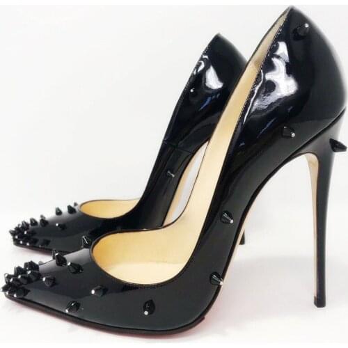 2020 summer new style fashion women pumps black patent leather studded spikes pointy toe stiletto heels 12cm 10cm brand new