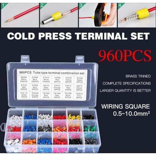 960pcs Terminal Boxed Kit Used for 0.5-10mm2 Wire Cable Copper Tube Needle Type Insulated Ferrules Cold Pressing Connector Sets
